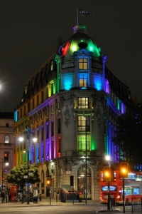 Hotel exterior at night, with LED lighting.